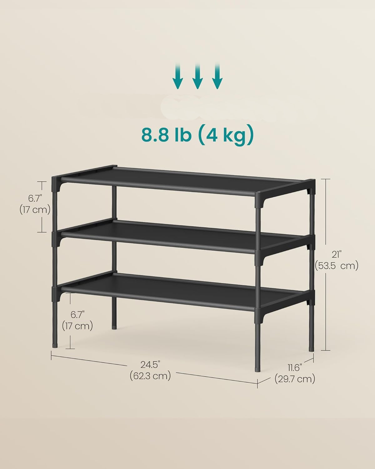 SONGMICS Raft pantofi 3 niveluri cu rafturi textile si cadru metalic, 62x30x54 cm, negru