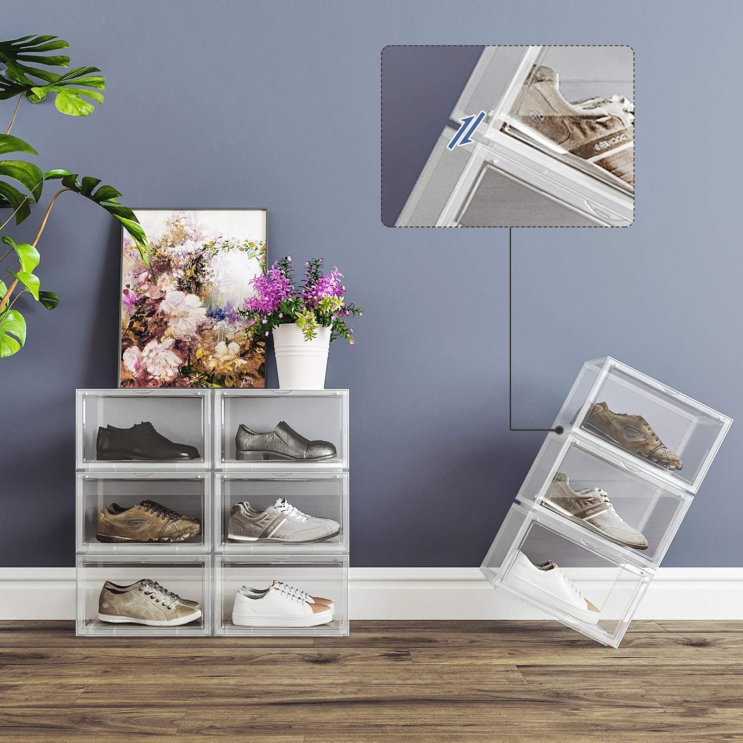 SONGMICS Organizatoare pantofi, transparente cu usa frontala, stivuibile, PVC, 6 cutii x 36x28x22 cm, transparent