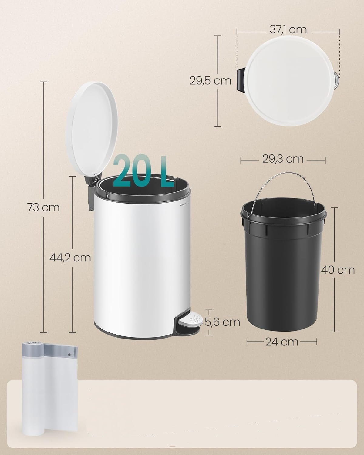 SONGMICS Cos de gunoi cu pedala 20L, capac soft close, galeata interioara detasabila, otel si plastic, 30x37x44 cm, alb