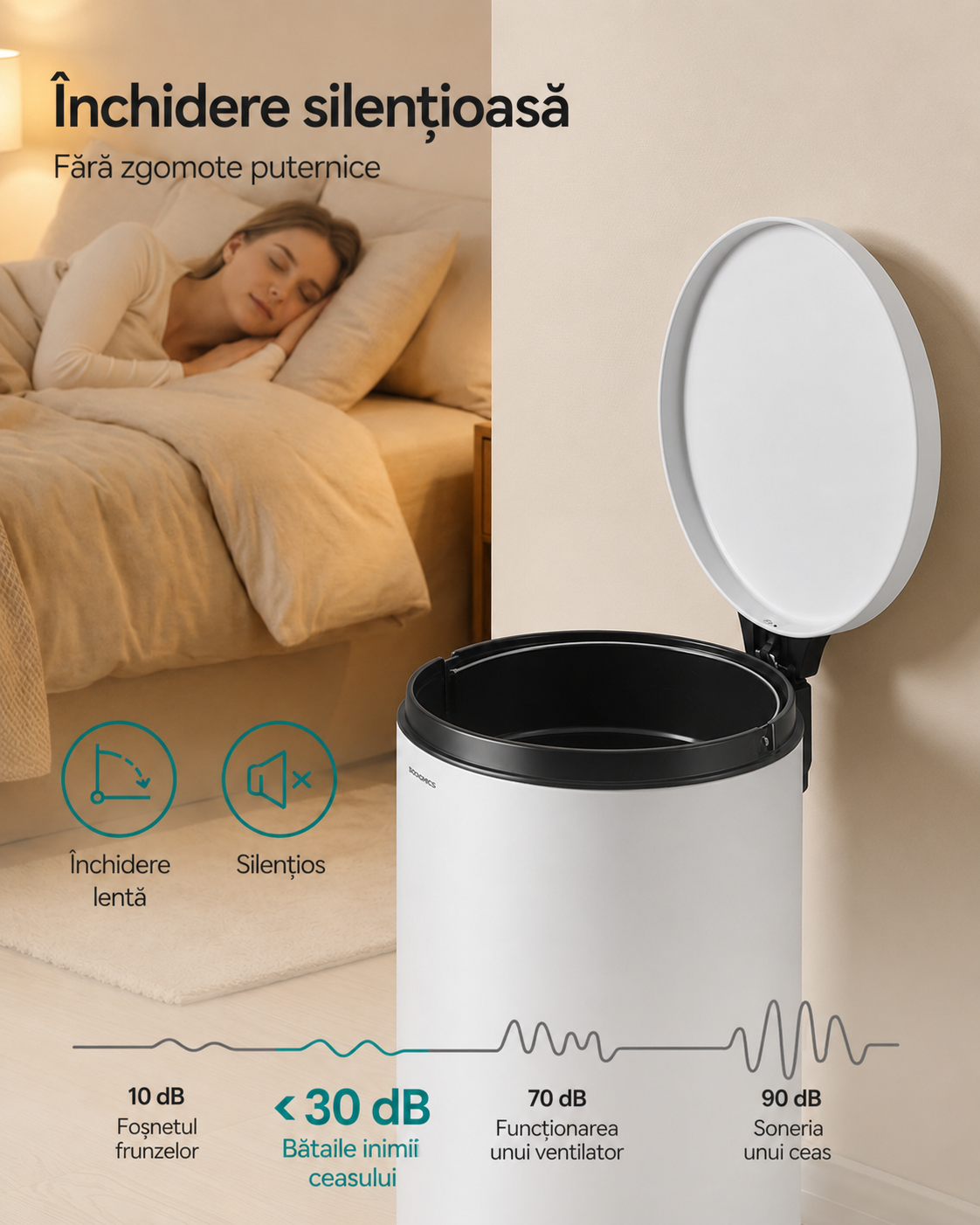 SONGMICS Cos de gunoi cu pedala, capac soft-close, galeata detasabila, otel, 30L, saci menajeri inclusi, alb