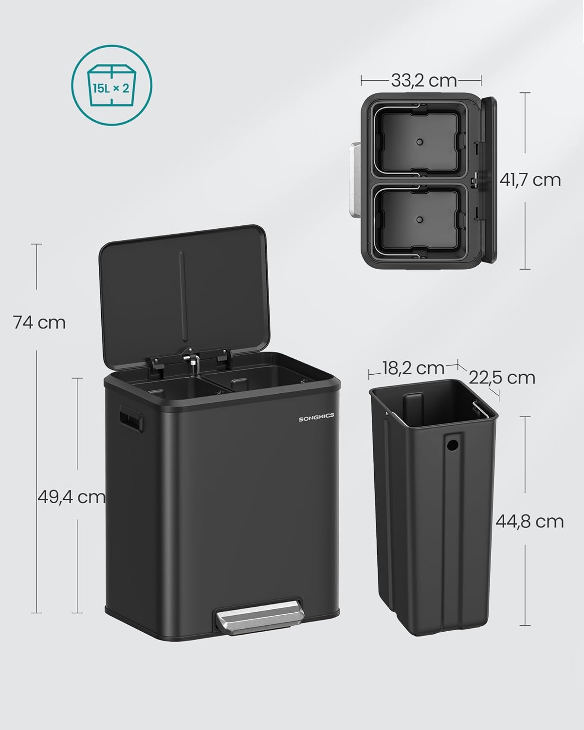 SONGMICS Cos gunoi metalic, 2 compartimente, 2x15 litri, pedala si inchidere silentioasa, negru