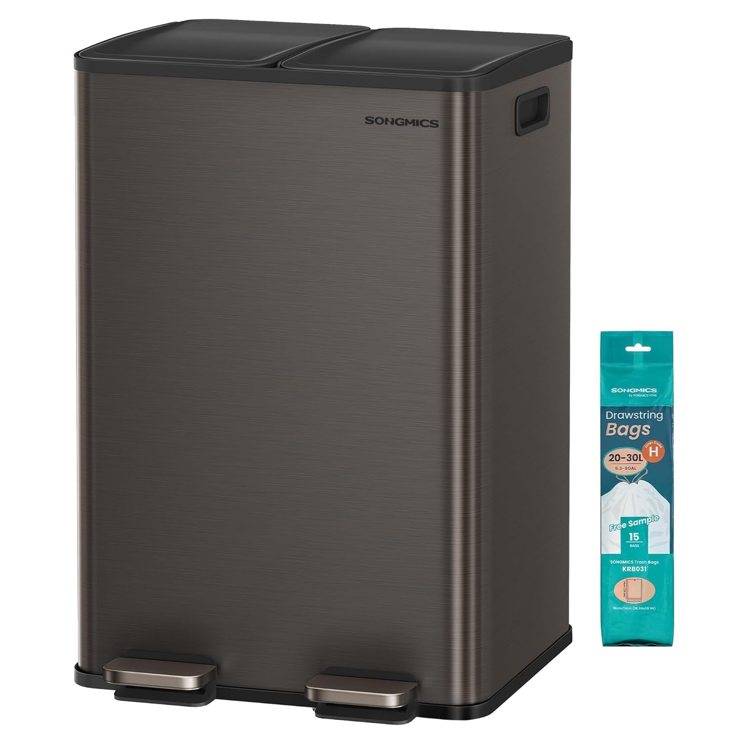 SONGMICS Cos de gunoi 2x30L, cu 2 compartimente, capac soft-close si galeti interioare, otel, gri antracit