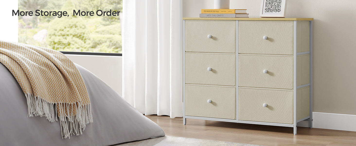 SONGMICS Comoda cu 6 sertare textile, cadru metalic, 80x30x71 cm, alb si crem