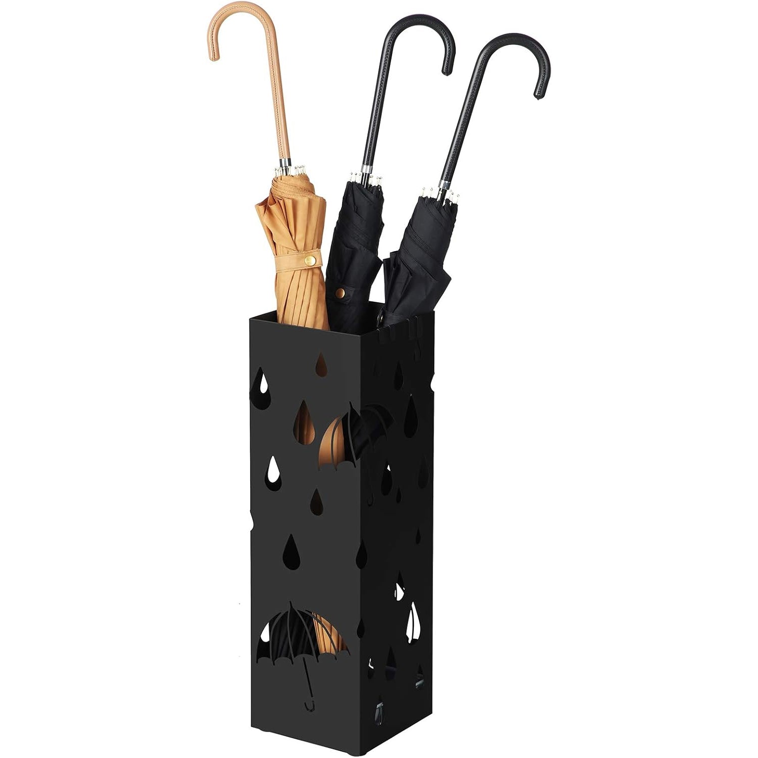 SONGMICS Suport metalic pentru umbrele, cu carlige si tava de picurare, 16x16x49cm, negru