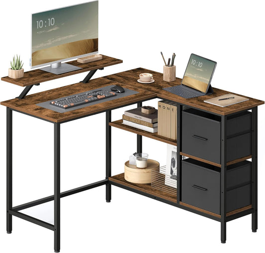 VASAGLE Birou de colt in forma L, cu 2 sertare si suport monitor, montare pe ambele parti, stil industrial, 115x105 cm, maro rustic - 2