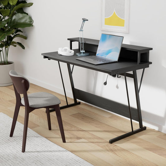 VASAGLE Birou gaming cu iluminare LED reglabila, 2 prize si 2 USB, suport 2 monitoare, 120x60x76 cm, negru - 2