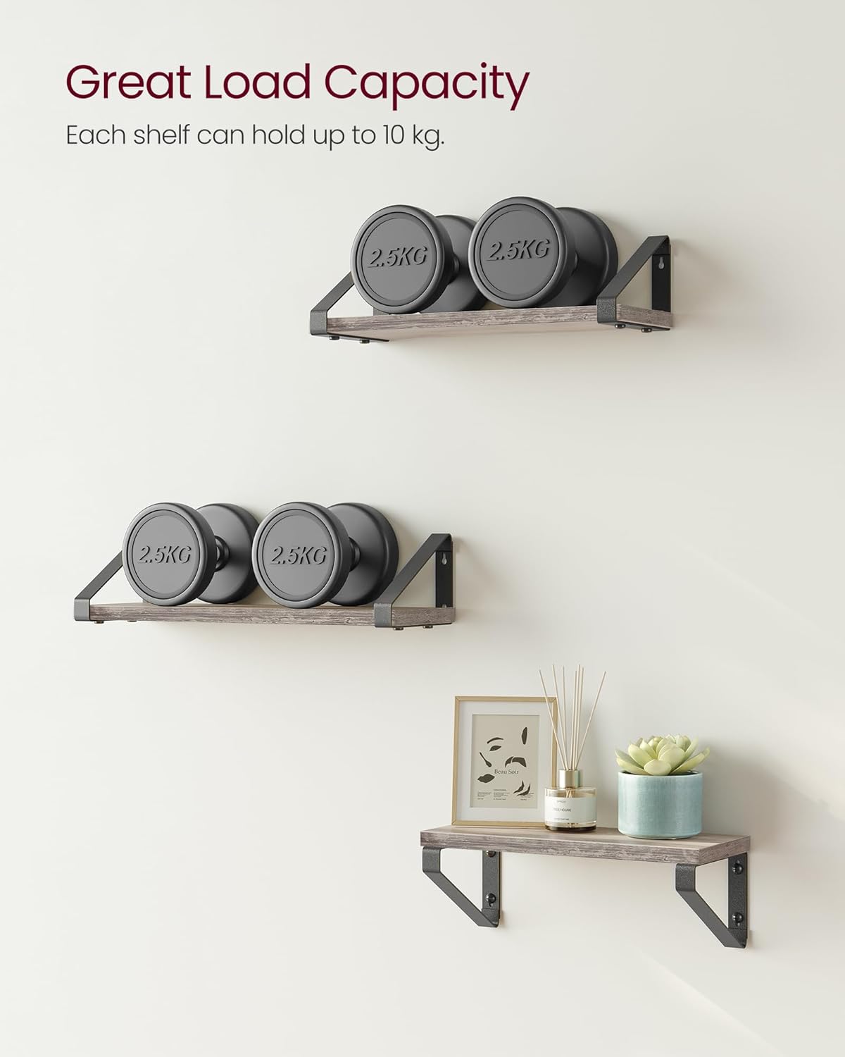 VASAGLE Raft de perete, set 3 bucati 30cm, 35cm si 40cm, 2 moduri de montare, gri si negru