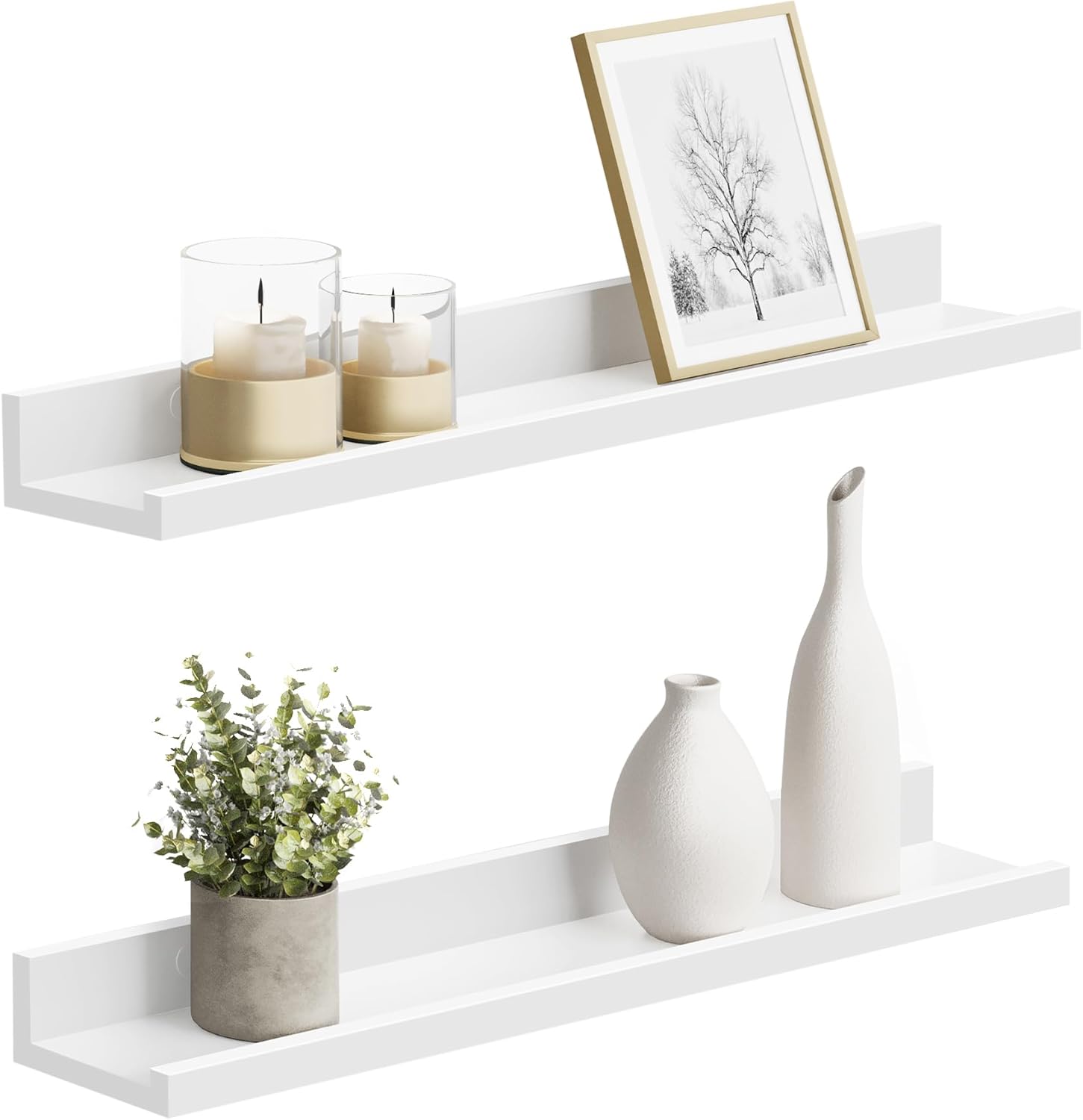 SONGMICS Set 2 rafturi plutitoare suspendate perete cu finisaj lucios, MDF, 60x10x5 cm, alb