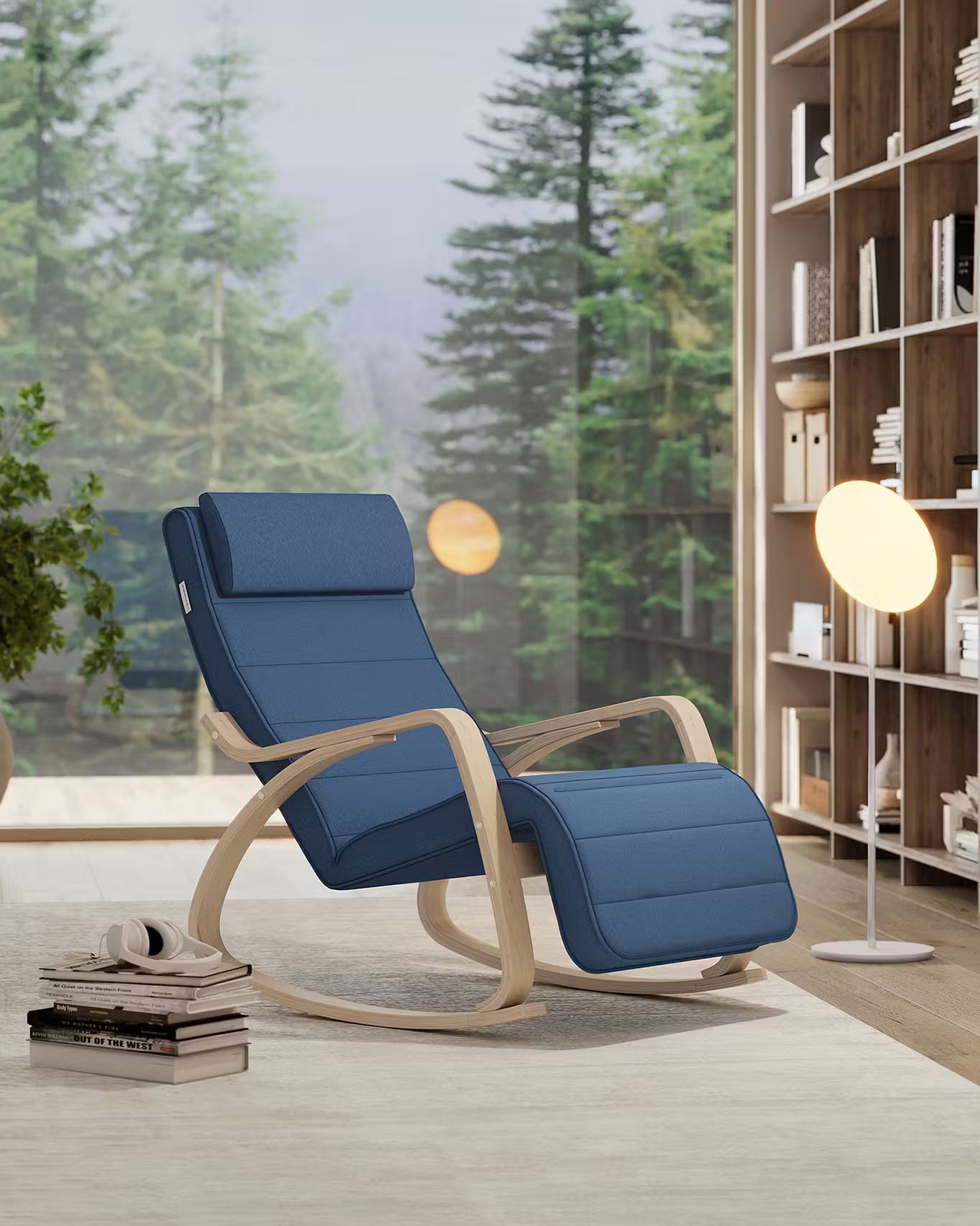 SONGMICS Scaun balansoar din lemn, suport picioare reglabil, maxim 150kg, 122x67x84 cm, albastru inchis