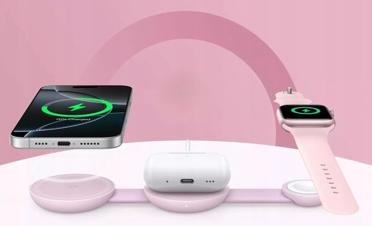 Stand cu incarcare wireless 3 in 1 Anker, MagGo 3-in-1, 15W, portabil, pliabil, fast charge, pentru iPhone seriile 12-16, Apple Watch, AirPods, 1 x USB-C incarcare, roz, "B25M8H51" - 0194644286729