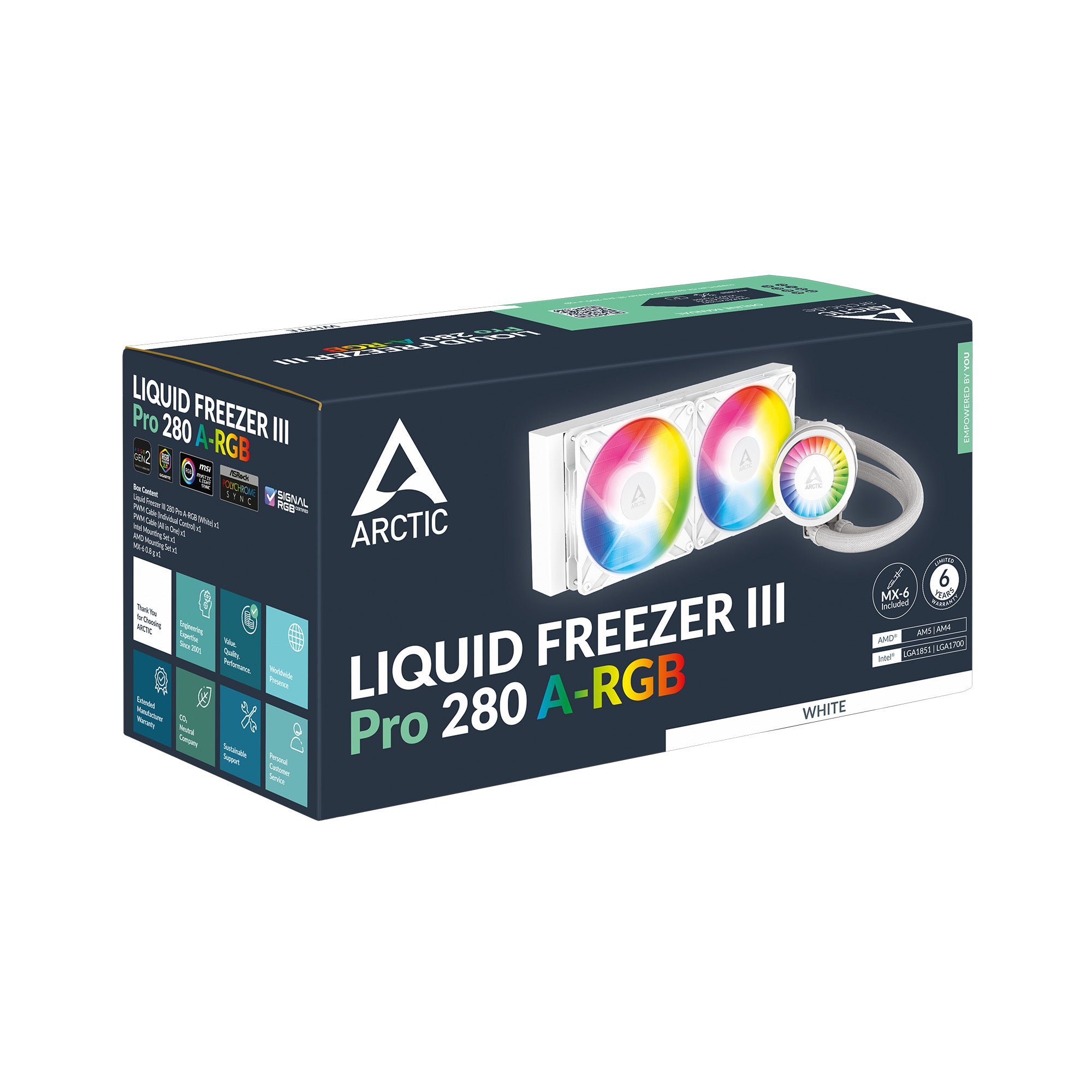 COOLER Arctic "Liquid Freezer III Pro 280 A-RGB", skt. LGA1851, LGA 1700, AM4, AM5, racire cu lichid, 2 x 140mm P14 Pro ARGB, 800 - 2800 RPM, ARGB, alb "ACFRE00187A"
