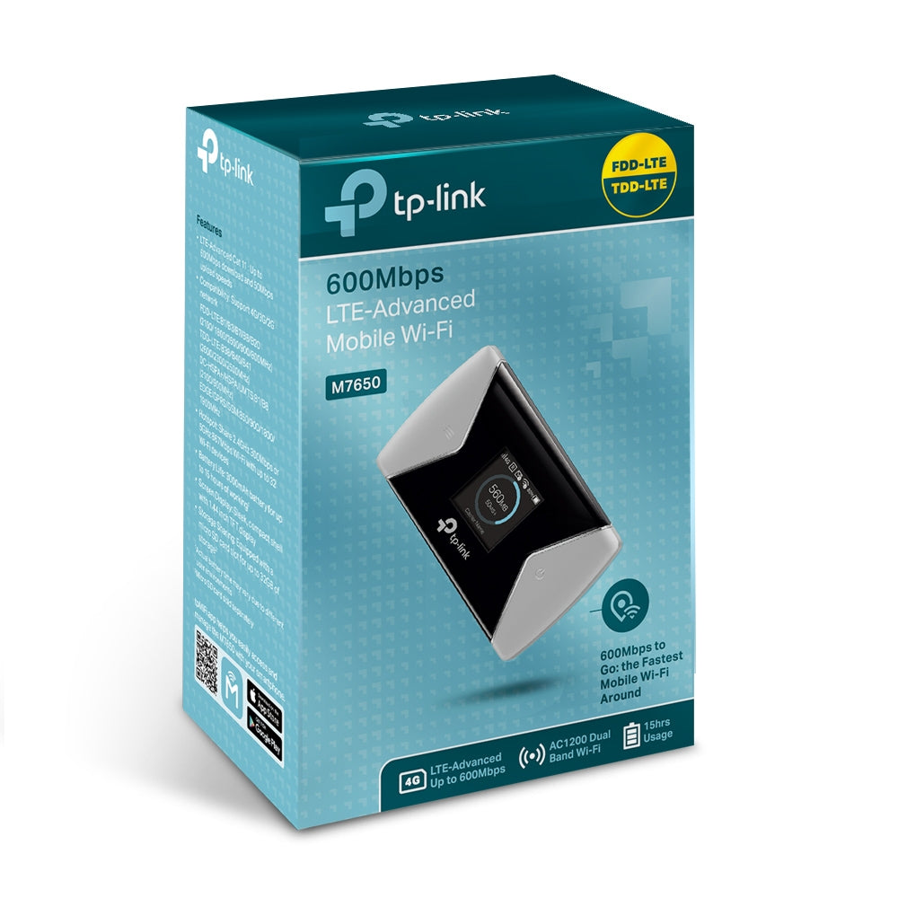 ROUTER TP-LINK wireless. portabil, 4G Mobile Wi-Fi, 600Mbps, Internal LTE Modem, SIM card slot, TFT screen display, rechargeable battery, micro SD card slot "M7650"