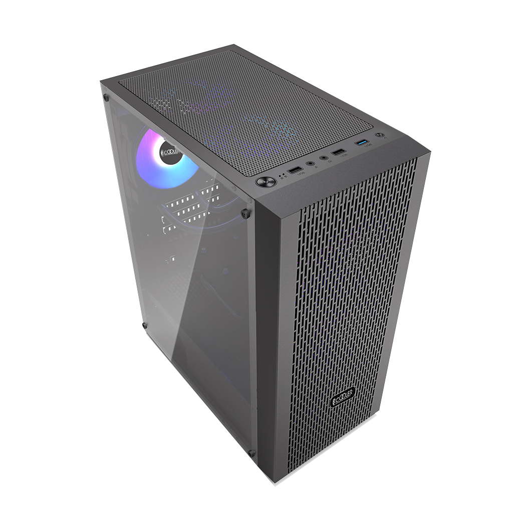 CARCASA PCCOOLER, Middle Tower, ATX, fara sursa, sticla securizata, 3 ventilatoare incluse, iluminare ARGB, negru, USB 3.2 gen 1 x 1, USB 2.0 x 2, mic, audio, "MA100 MESH"