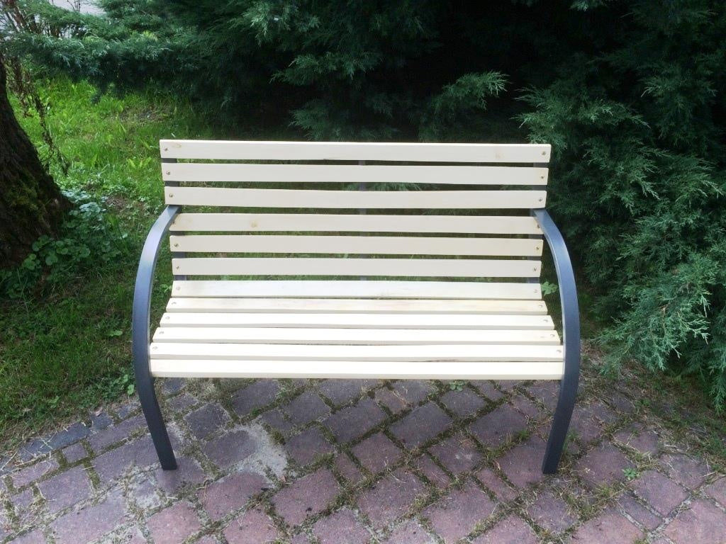 Banca de gradina din lemn, cadru din otel cu spatar, 120x60x80 cm, maro natur