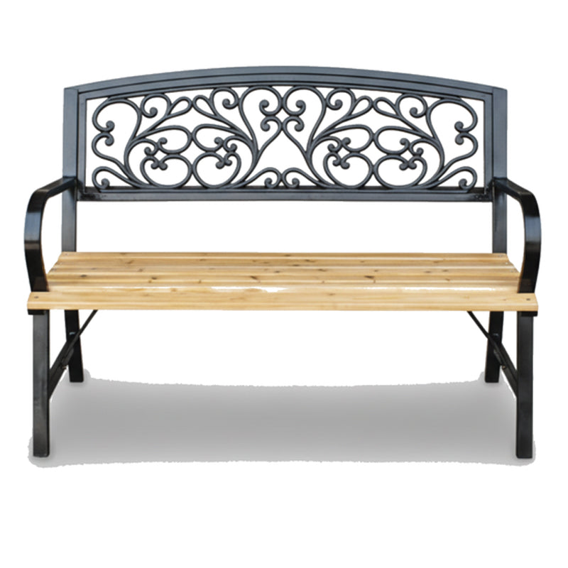 Banca de gradina din lemn si cadru otel, cu spatar decorativ, 120x56x87 cm, negru si maro natur