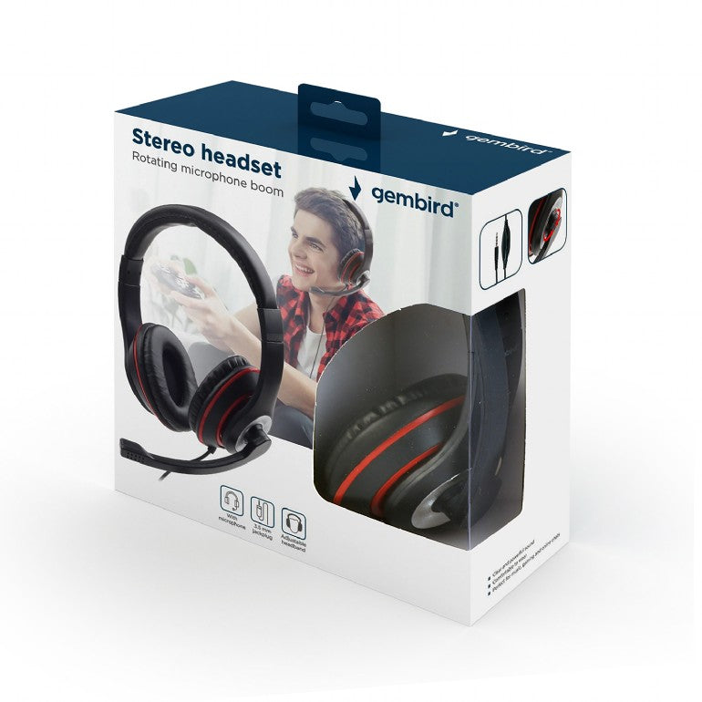 CASTI Gembird, cu fir, standard, utilizare multimedia, call center, microfon pe brat, conectare prin Jack 3.5 mm, red / negru, "MHS-03-BKRD", (timbru verde 0.8 lei)