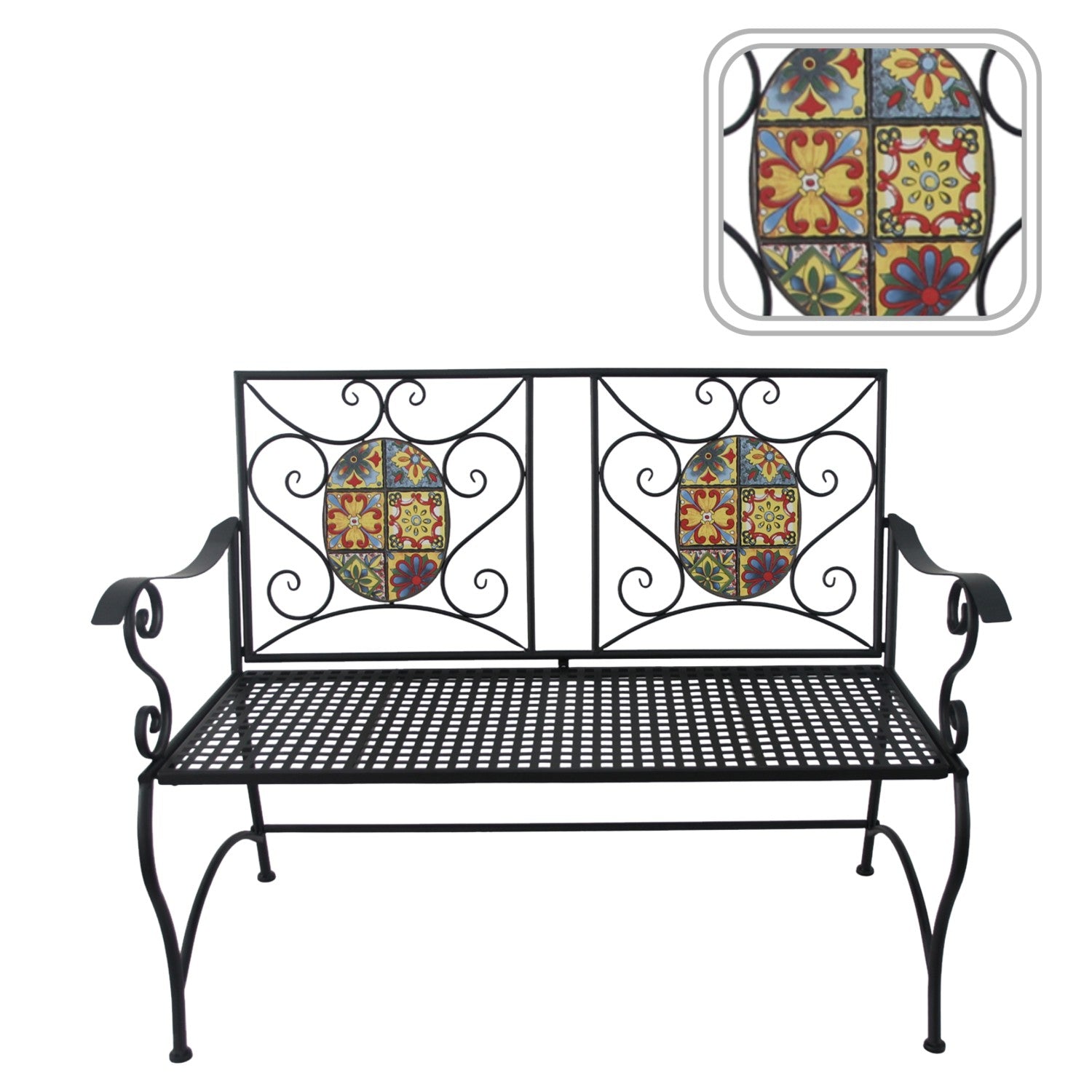 Banca de gradina, cadru metalic cu mozaic decorativ, 115x56x90 cm, negru