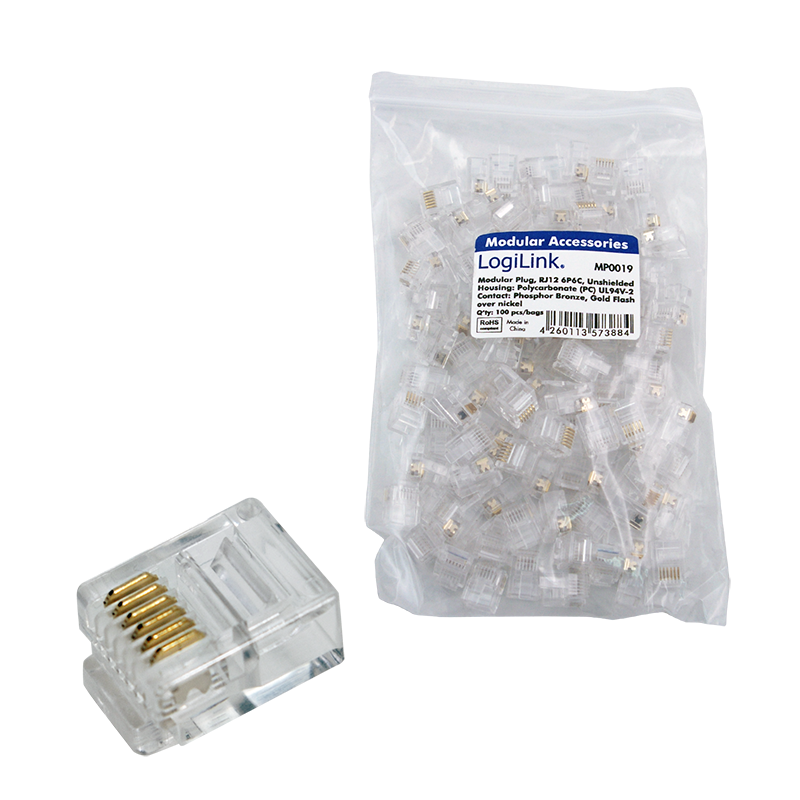 MUFA RJ-45 LOGILINK pt. cablu flat, Cat5e, RJ-45 (T), neecranat, plastic, contacte aurite, 100 buc, "MP0019"