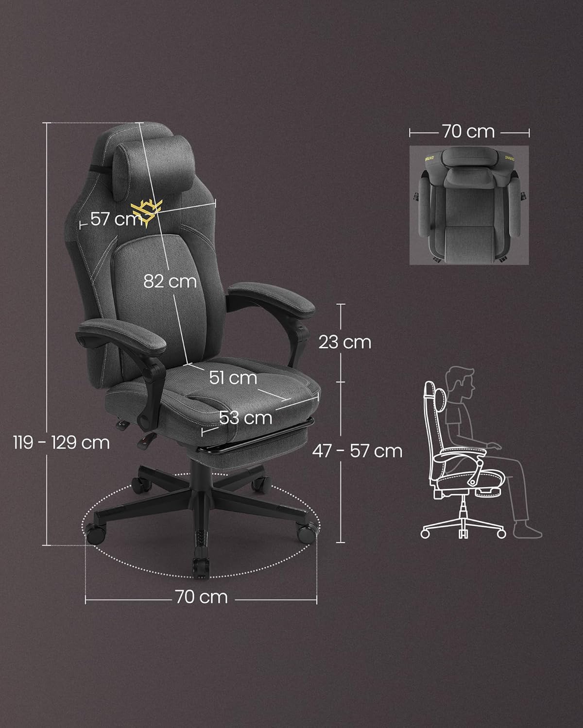 SONGMICS Scaun gaming ergonomic cu suport picioare, material textil bumbac si in, maxim 150 kg, 70x70x129 cm, gri