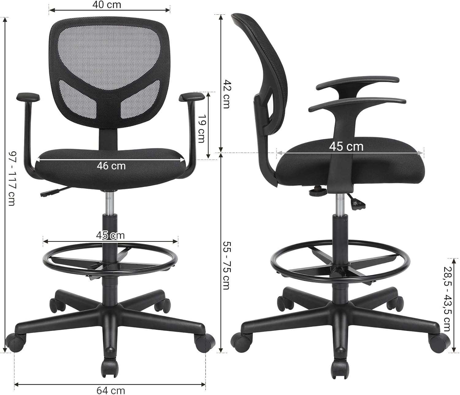 SONGMICS Scaun de birou inalt, rotativ, suport picioare reglabil, ajustare pe inaltime 55-75 cm, 64x64x97 cm, negru