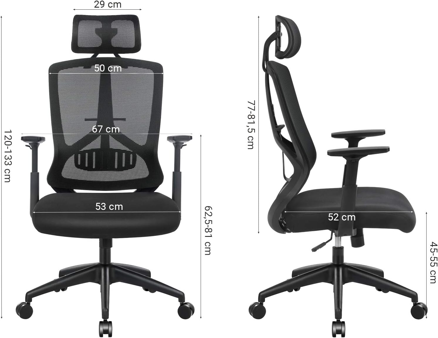 SONGMICS Scaun de birou ergonomic cu tetiera si suport lombar, reglabil, mecanism balans, maxim 120 kg, 70x70x133 cm, negru