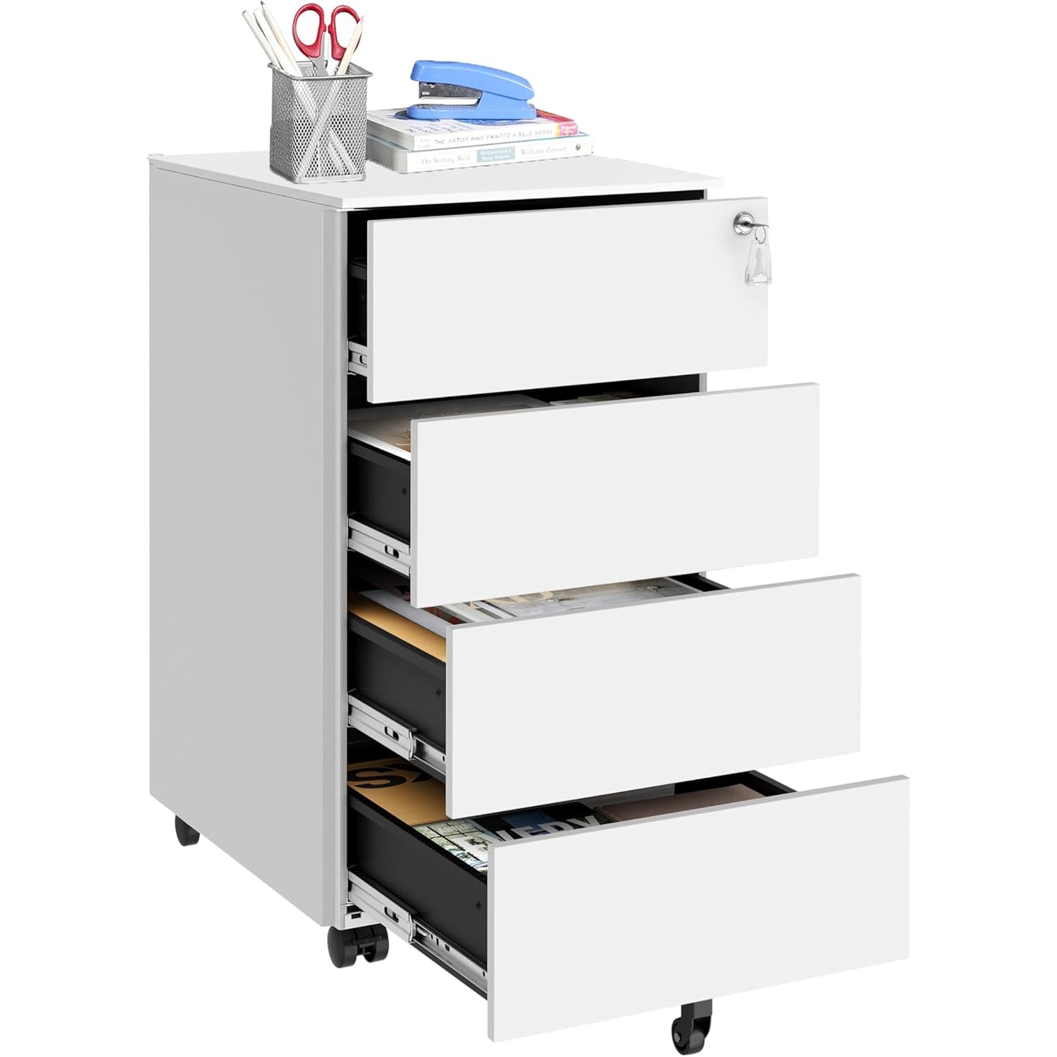 SONGMICS Dulap mobil rollbox pentru dosare, din otel, 4 sertare, incuietoare, roti blocabile, 39x45x69 cm, alb