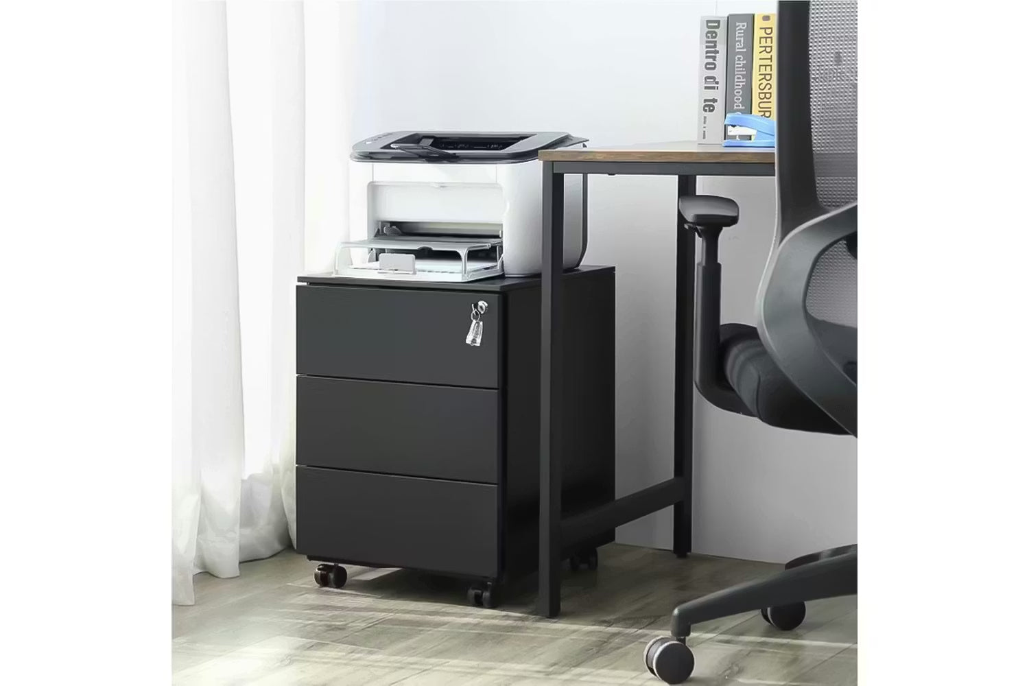 SONGMICS Dulap mobil rollbox pentru birouri, 3 sertare pentru documente, corp pre-asamblat, 45x39x54 cm, negru