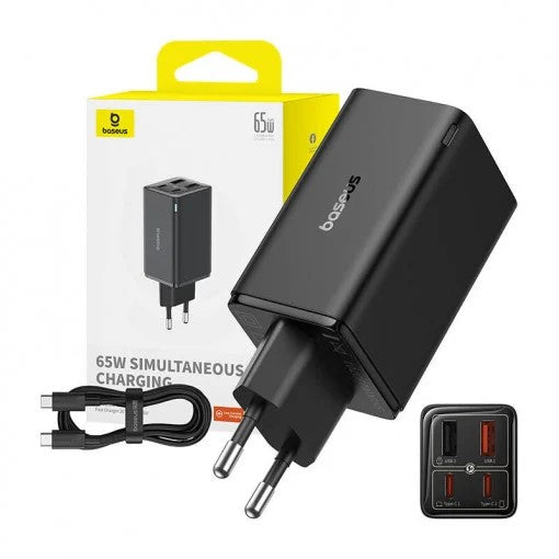 INCARCATOR RETEA Baseus GaN6 Pro, Quick Charge 65W, 2 x USB Type-C Output 5V/3A,2 x USB (include cablu USB Type-C la USB Type-C de 100W),negru "P10162701113-00" -6932172644444