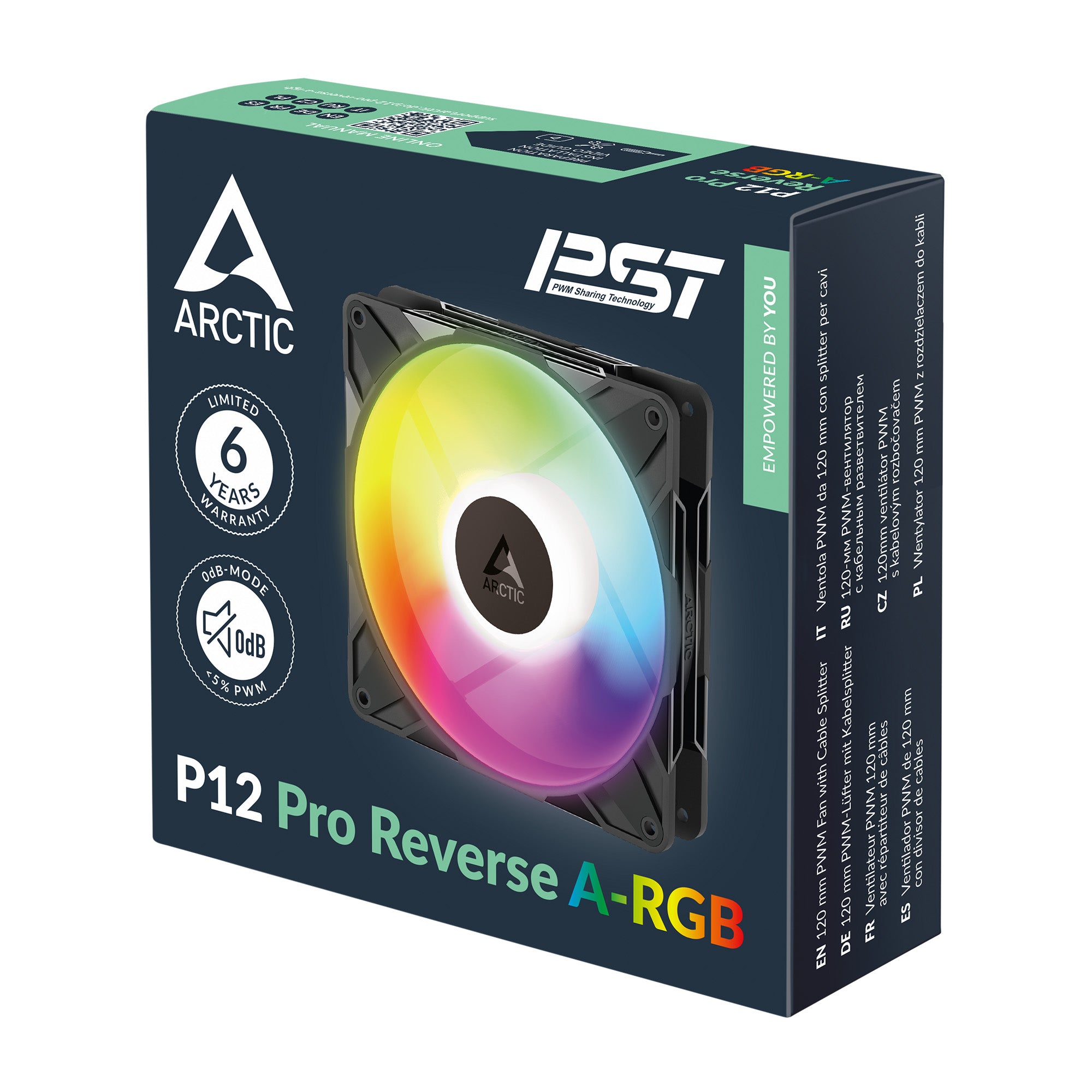 Ventilator Arctic "P12 Pro Reverse A-RGB", 120mm, 400 - 2500 rpm, FDB, 110 cfm, 4-Pin Fan Plug + 4-Pin Socket, negru, "ACFAN00322A"