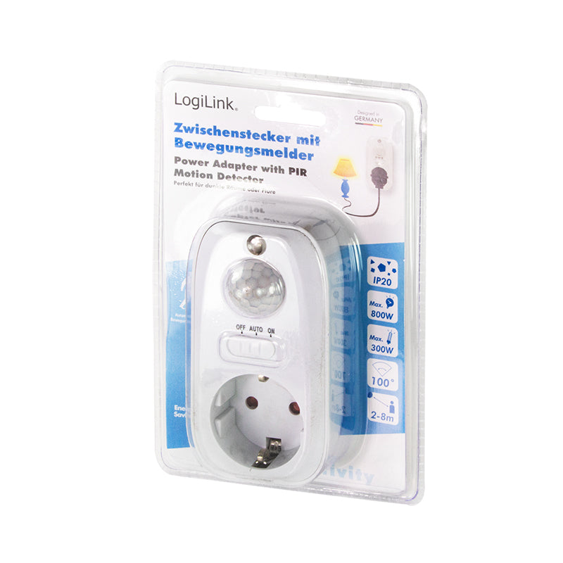 ADAPTOR LOGILINK, Schuko x 1, senzor miscare PIR, detector zi/noapte, IP20, 230 V/16A 50Hz max. 800W (bec luminos) sau max. 300W (LED), alb "PA0248" (include TV 0.18lei)