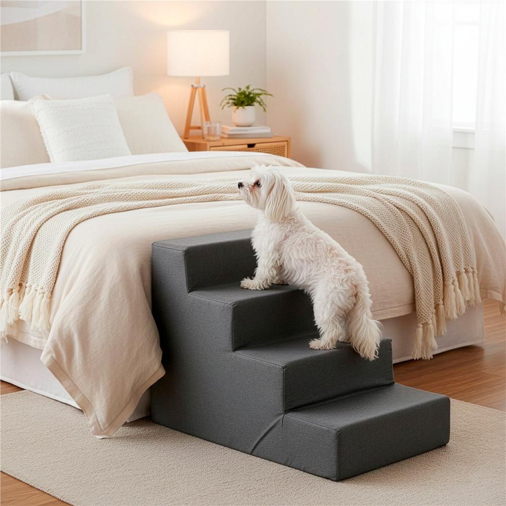 Scara pentru animale de companie, caini sau pisici, 4 trepte, antiderapanta, husa detasabila, inaltime 40 cm, gri inchis
