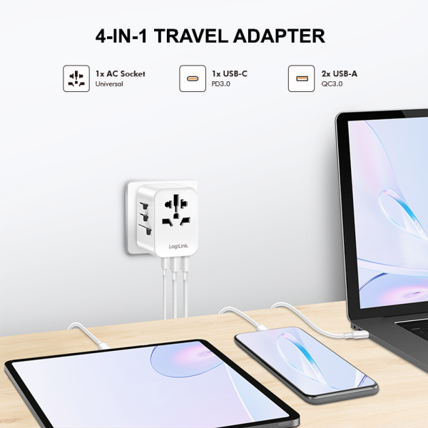 ALIMENTATOR retea 220V LOGILINK, universal, 1 x USB-C, 2 x USB-A, maxim 12V/1.67A, PD 20W, suport OCP/OVP/OHP/SCP, compatibil EU/AUS/US/UK, alb, "PA0356"