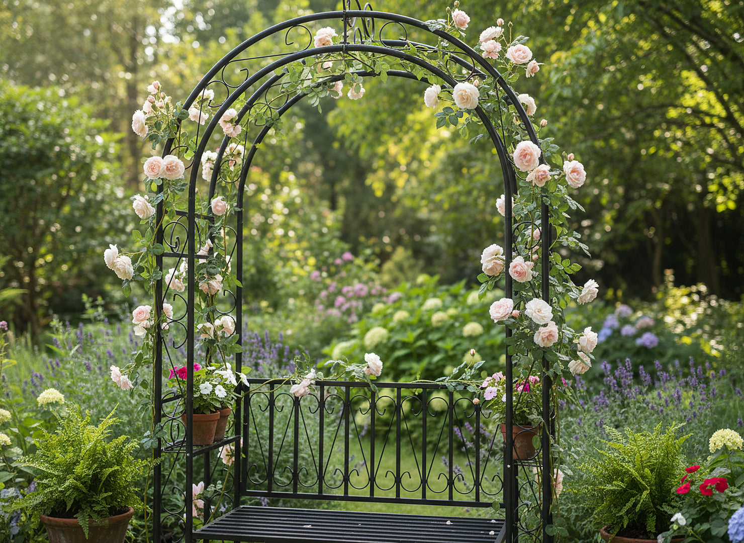 Pergola decorativa pentru gradina cu banca, suport plante cataratoare, structura otel, 130x48x238 cm, negru