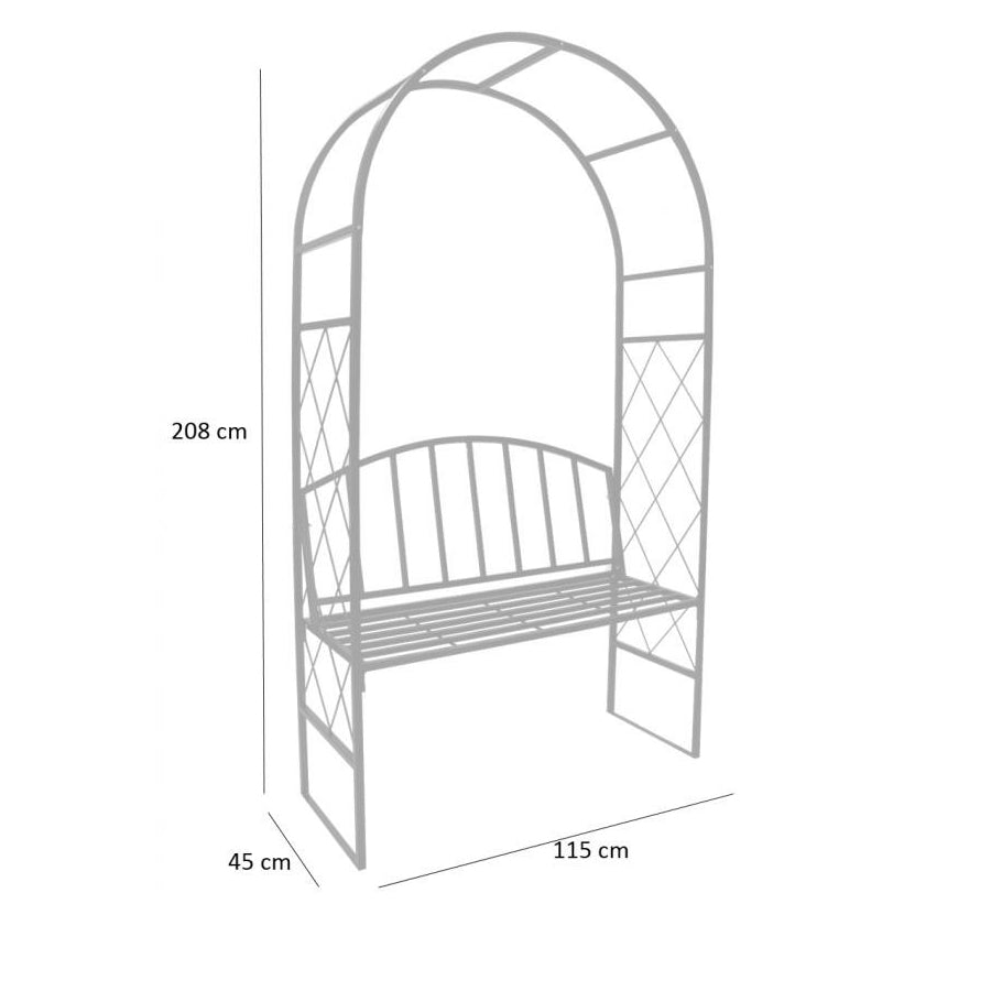 Pergola pentru gradina cu banca, structura otel, design arcuit, 115x45x208 cm, negru