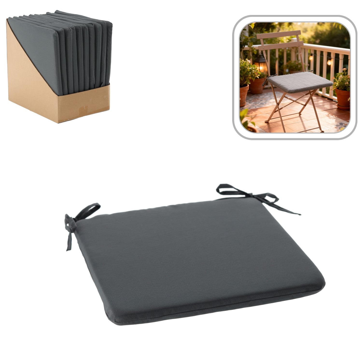 Perna scaun 40x40x3 cm, poliester impermeabil, cu fermoar si prindere, gri inchis
