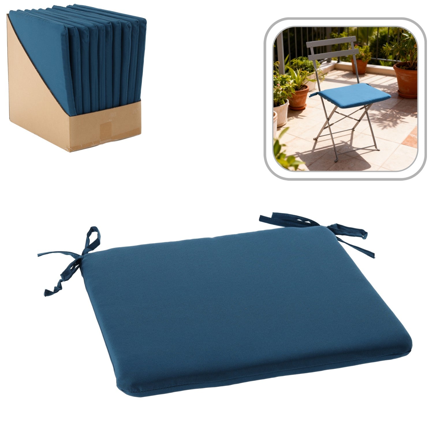 Perna scaun 40x40x3 cm, poliester impermeabil, cu fermoar si prindere, albastra