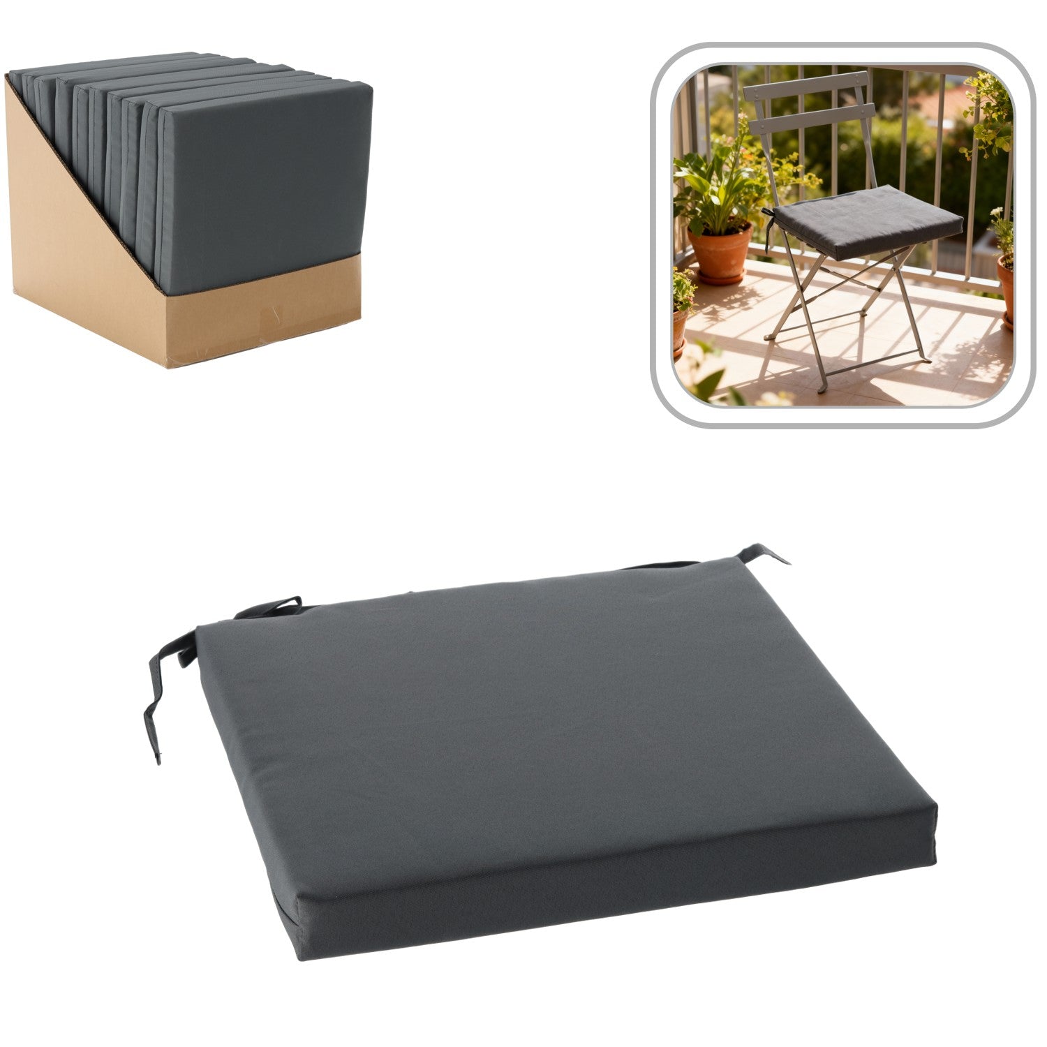 Perna scaun 40x40x5 cm, poliester impermeabil, cu fermoar si prindere, gri inchis