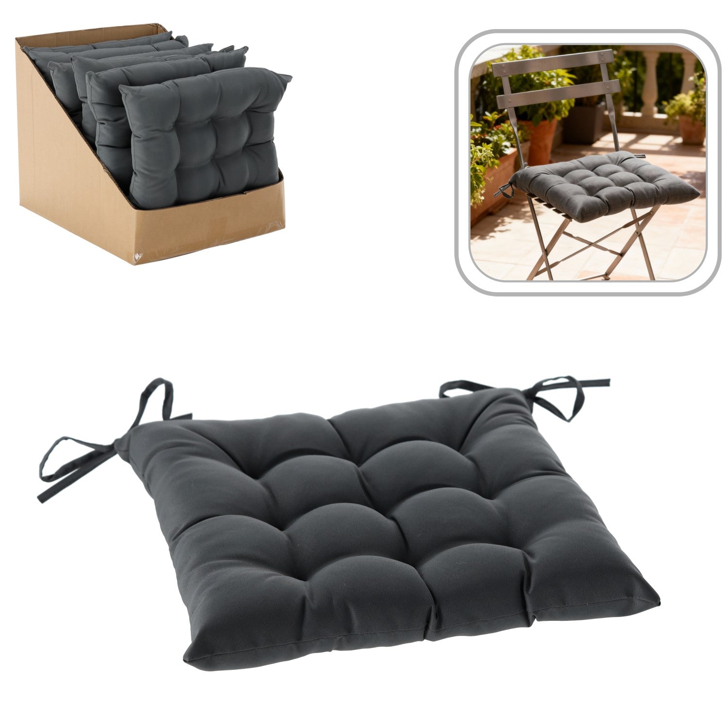 Perna scaun 40x40x6 cm, matlasata, poliester impermeabil, cu prindere, gri inchis