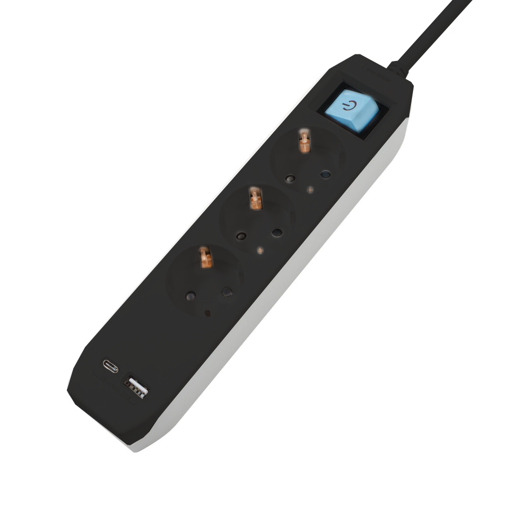 PRELUNGITOR SPACER, Schuko x 3, conectare prin Schuko (T),Type-C x1, USB x 1, 3.1A, cablu 3m, 16 A, max. 3500W, protectie copii, Intrerupator, Negru, "PP-3-30B-TC-USB"