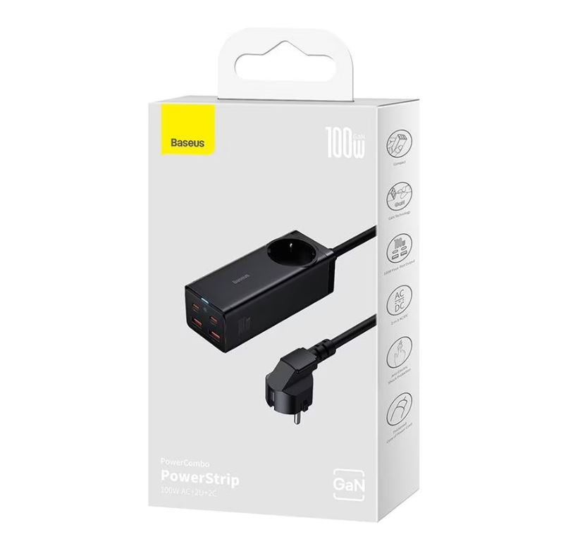 INCARCATOR RETEA Baseus GaN3 Pro Powerstrip,QC 100W,1xAC,2xUSB Type-C Output 5V/3A,2 x USB,include cablu USB Type-C la USB Type-C 100W, 1m, negru "PSZM000401" - 6932172604233