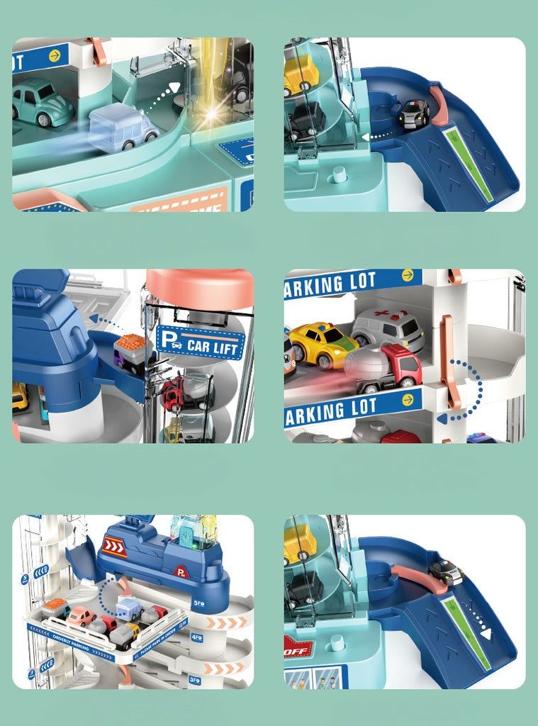 Garaj auto pentru copii cu parcare multipla, lift electric, masini incluse, cu pista, 30x30x25 cm - 8