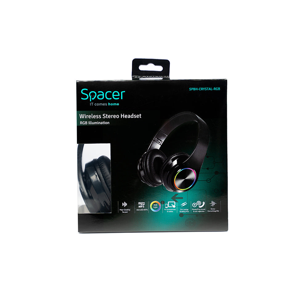 CASTI Spacer, wireless, standard, utilizare multimedia, smartphone, microfon pe casca, conectare prin Bluetooth 5.4, iluminare RGB, pliabile, banda ajustabila, negru, "SPBH-CRYSTAL-RGB"