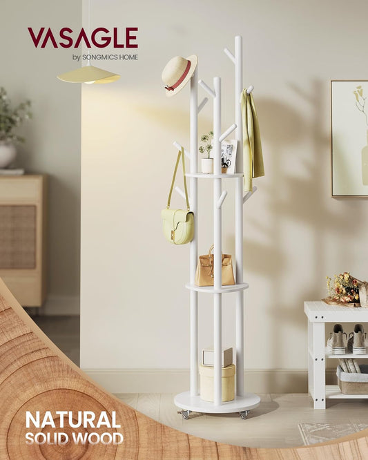 VASAGLE Cuier din lemn masiv, cu 11 agatatori si 3 rafturi, 4 roti detasabile rotative 360°, 40x40x175 cm, alb - 2