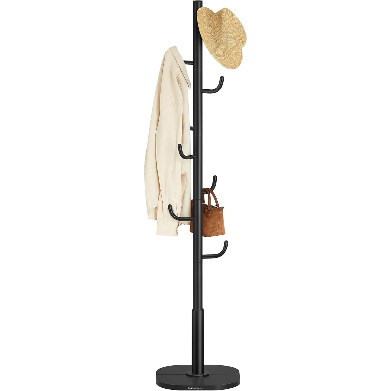 SONGMICS Cuier de podea, cu 8 carlige rezistente, pentru haine, palarii si genti, 175 cm, negru