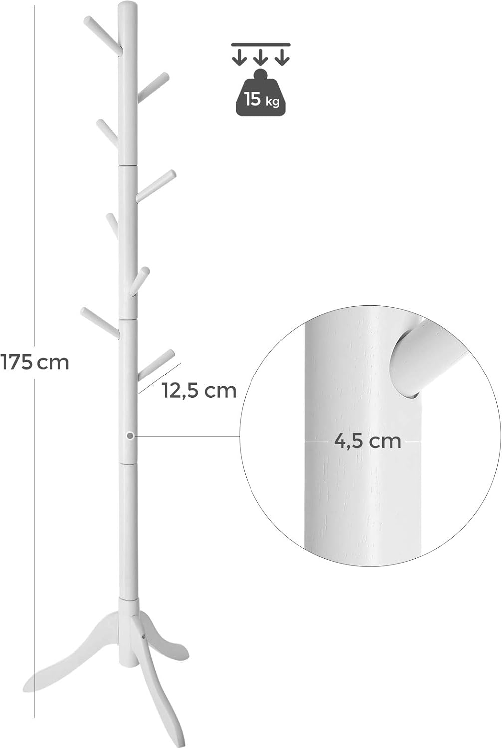 VASAGLE Cuier din lemn masiv, 8 carlige, ajustabil pe 3 inaltimi, design tip copac, 57x175 cm, alb