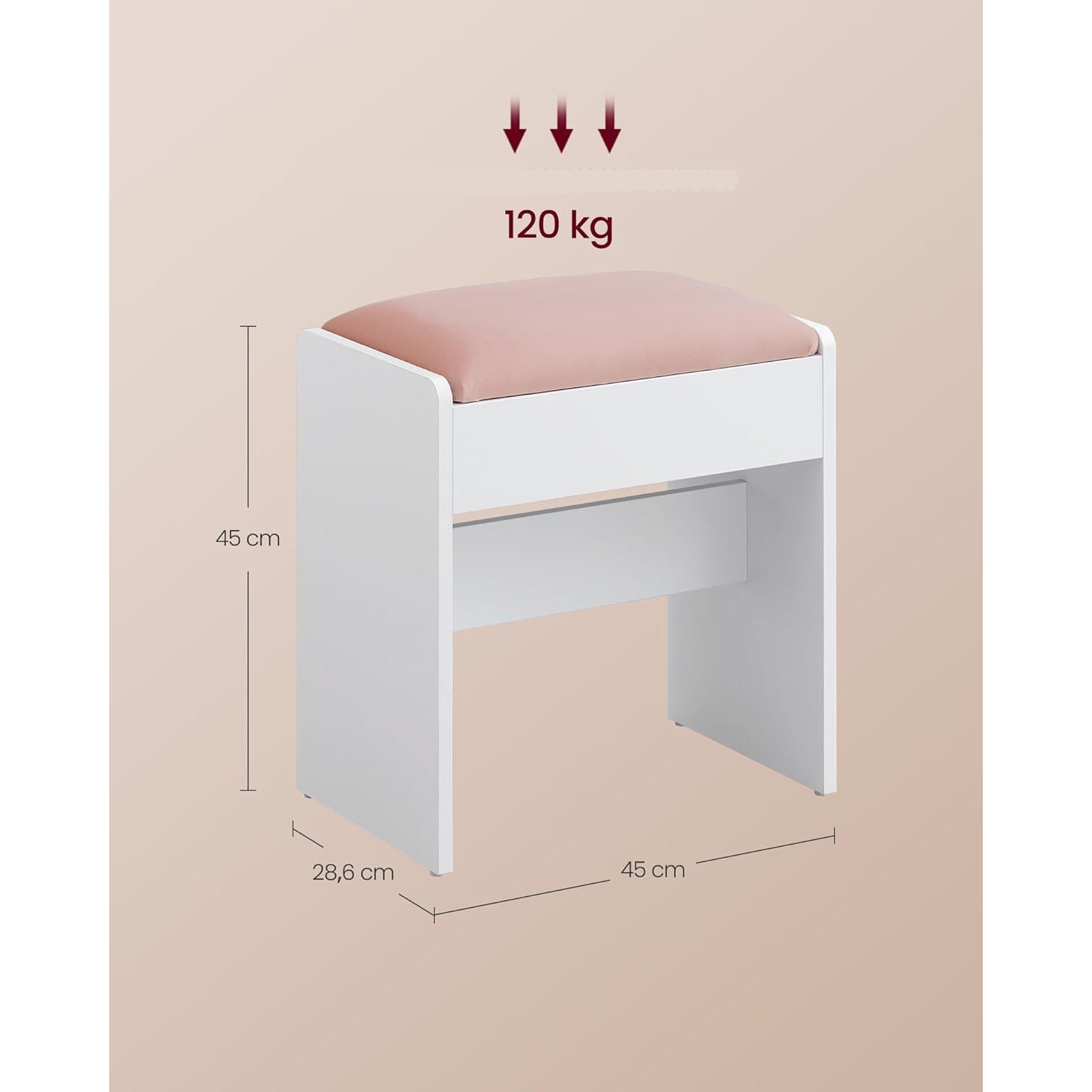 VASAGLE Taburet masa toaleta tapitat cu catifea, picioare cu protectii, 29x45x45 cm, alb si roz