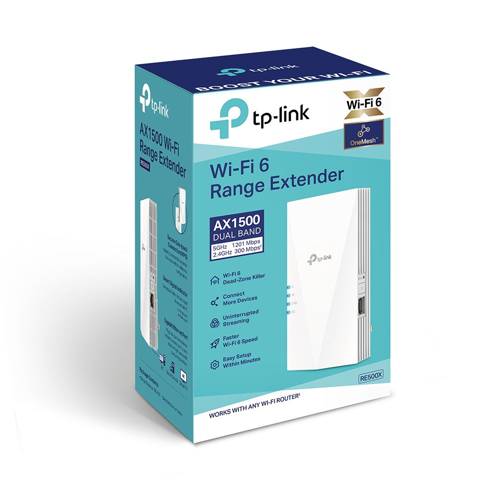 RANGE EXTENDER TP-LINK wireless AX1500, 1500Mbps, 1 port Gigabit, 2 antene interne, 2.4 / 5Ghz dual band, Wi-Fi 6, "RE500X"