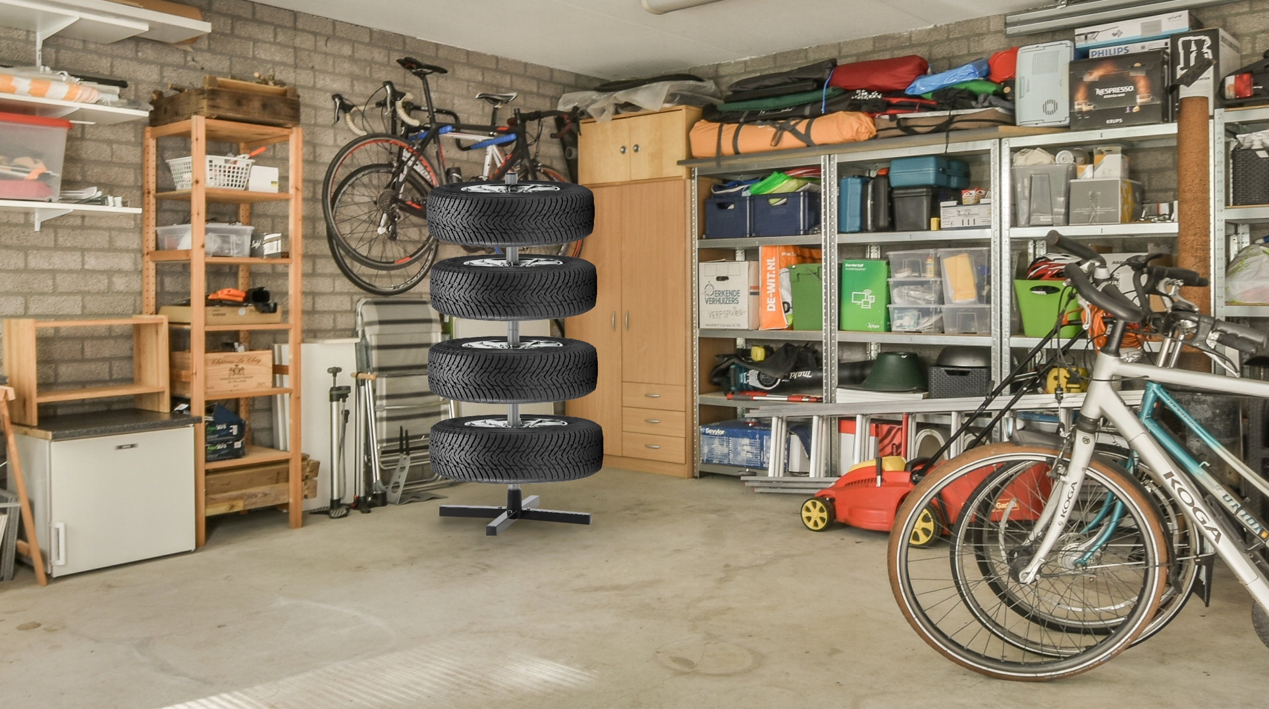 Suport depozitare anvelope 4 roti, cadru metalic, 45x45x105 cm, capacitate 100 kg, negru
