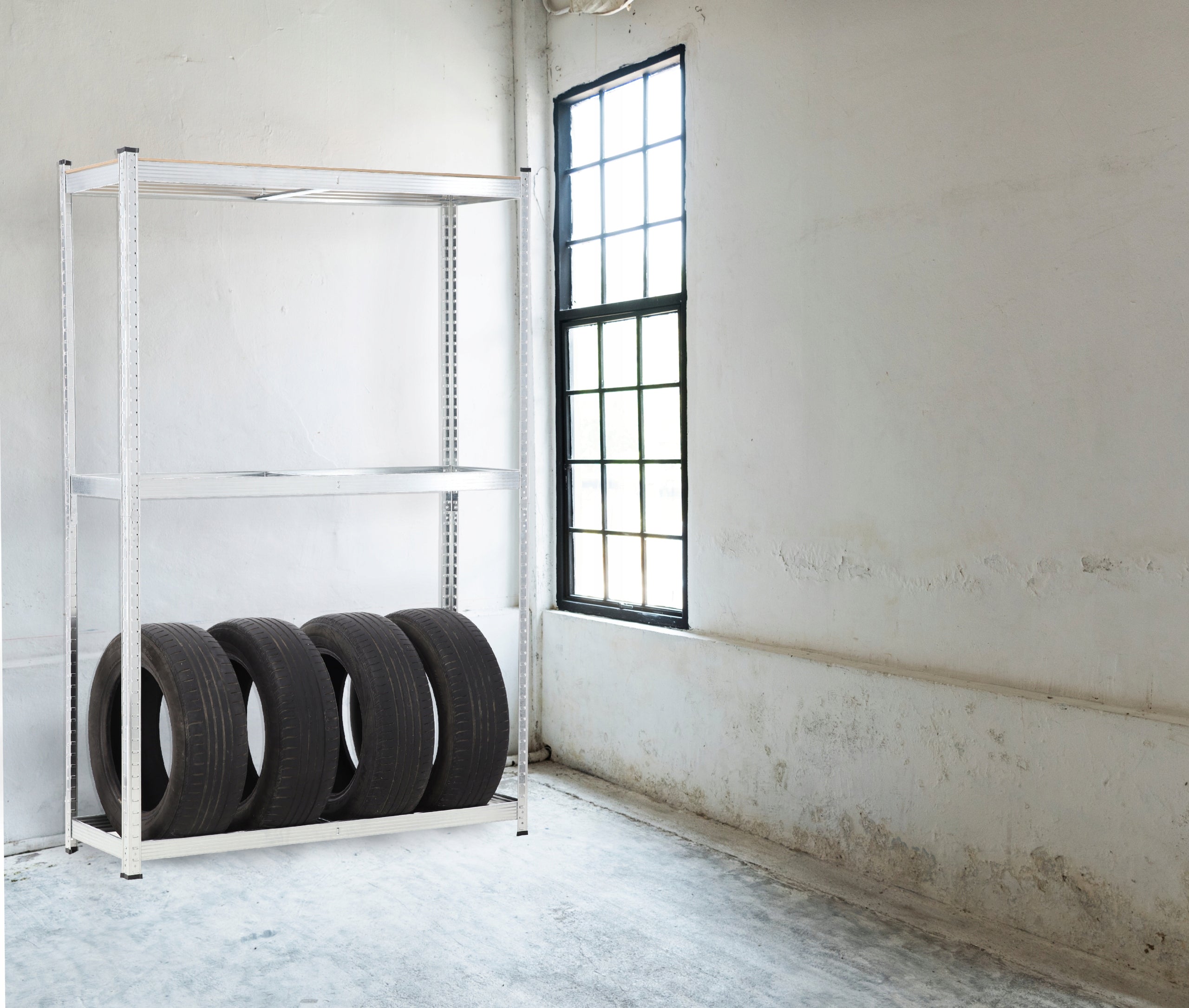 Raft depozitare anvelope cu polite suplimentare MDF, cadru otel galvanizat, 120x40x180 cm, gri