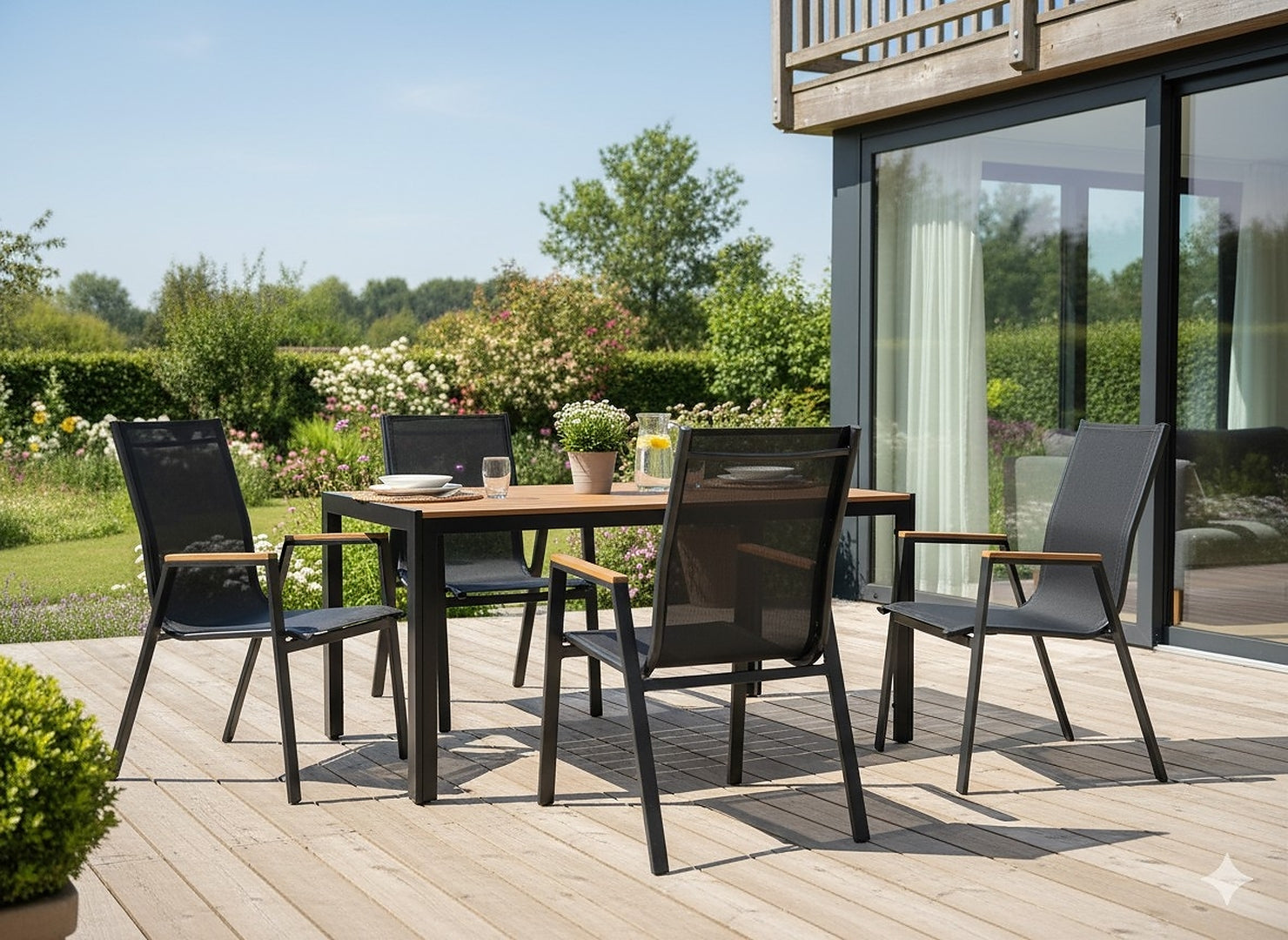 Scaun gradina cu cadru metalic, sezut textilene si cotiere din imitatie lemn, 61x56x90 cm, negru